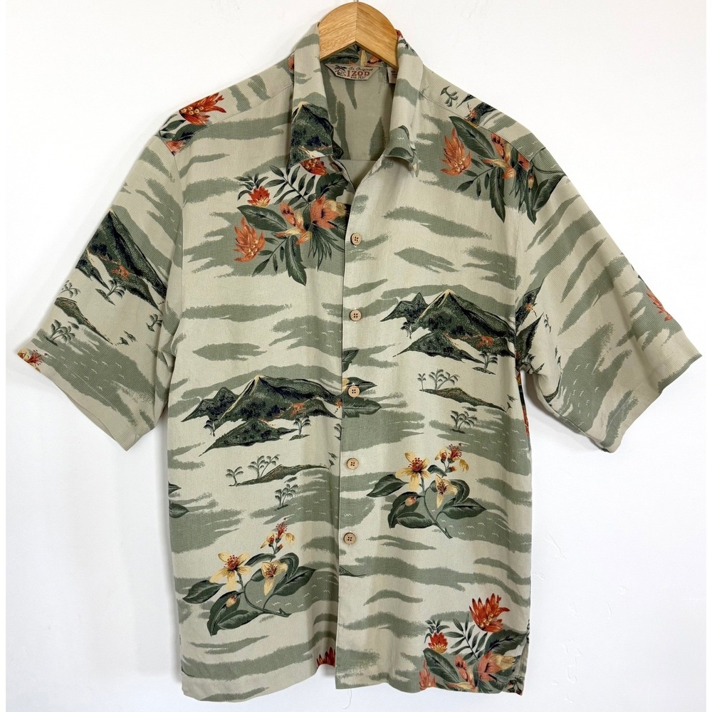 Vintage IZOD 100% Silk Hawaiian Shirt S Tropical Floral Aloha Coconut Buttons